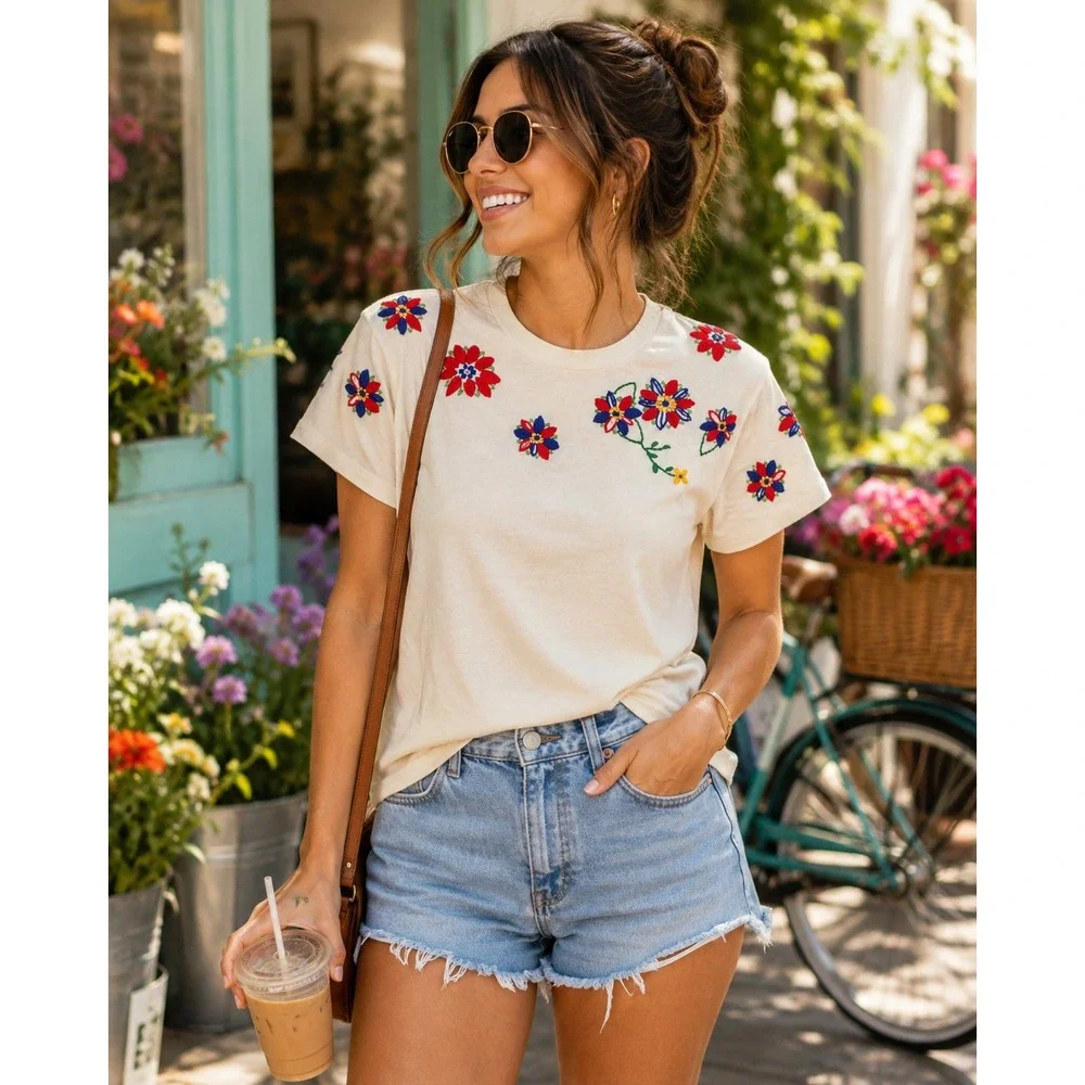 Free People Petal Tee Embroidered Women Size M Cream Floral Cotton Boho Cottage